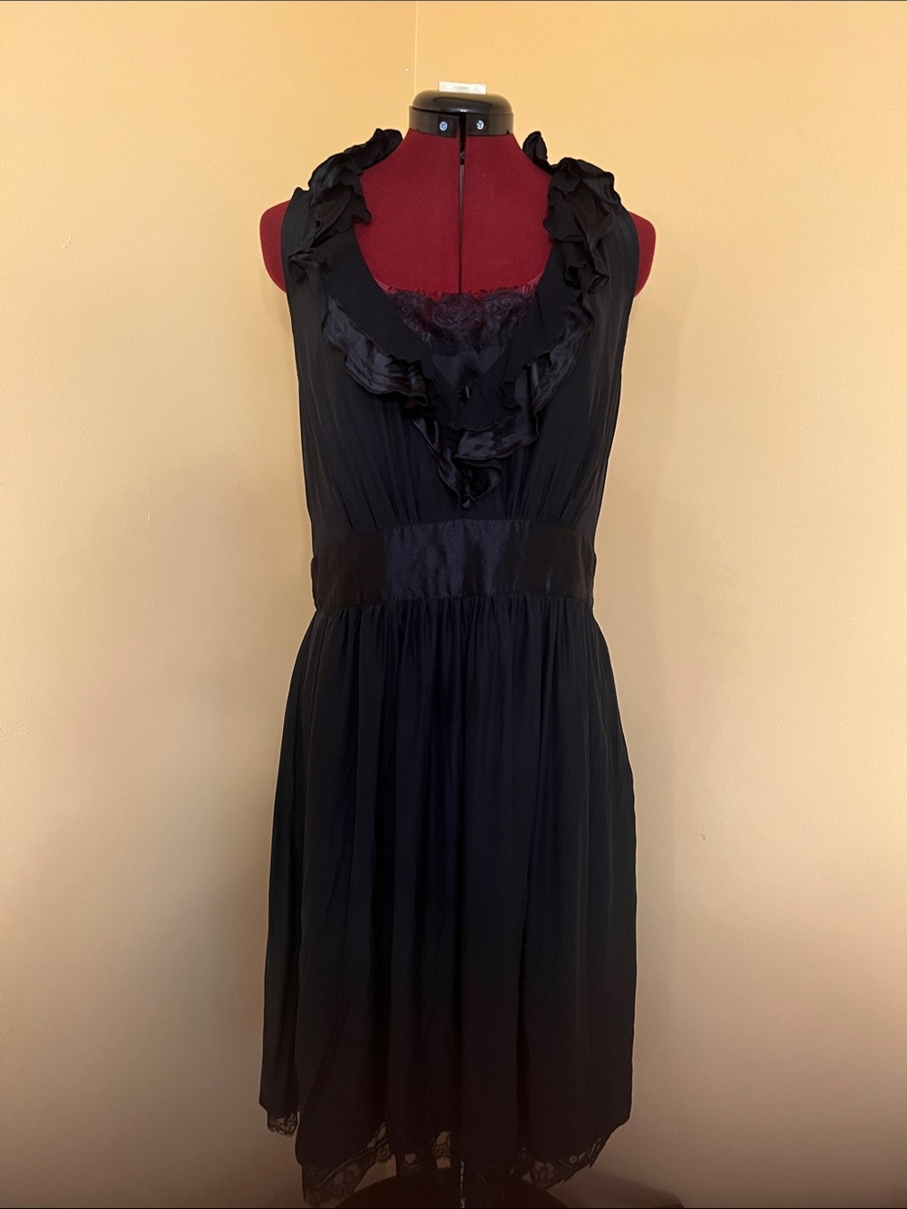 White House Black Market Silk Black Ruffled Midi Dress Lace accents Size 14